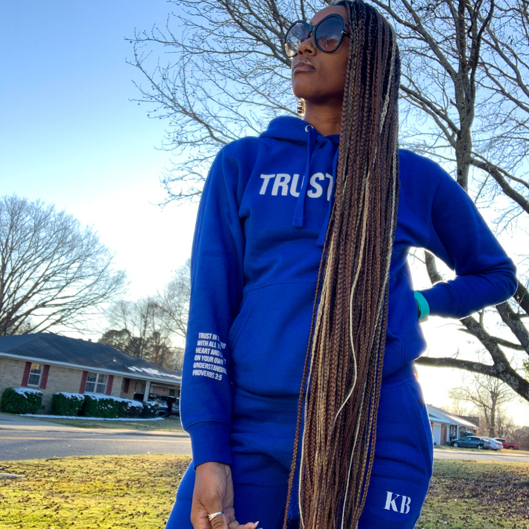 Royal Blue Trust God Hoodie with scripture on sleeve