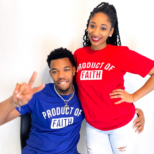 Kingdom Builders. KB Christian Apparel in Product of Faith Tee. Red and blue Christian T shirts