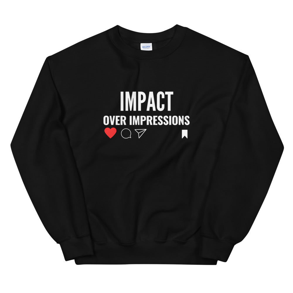 Black crewneck sweatshirt with white writing impact over impressions